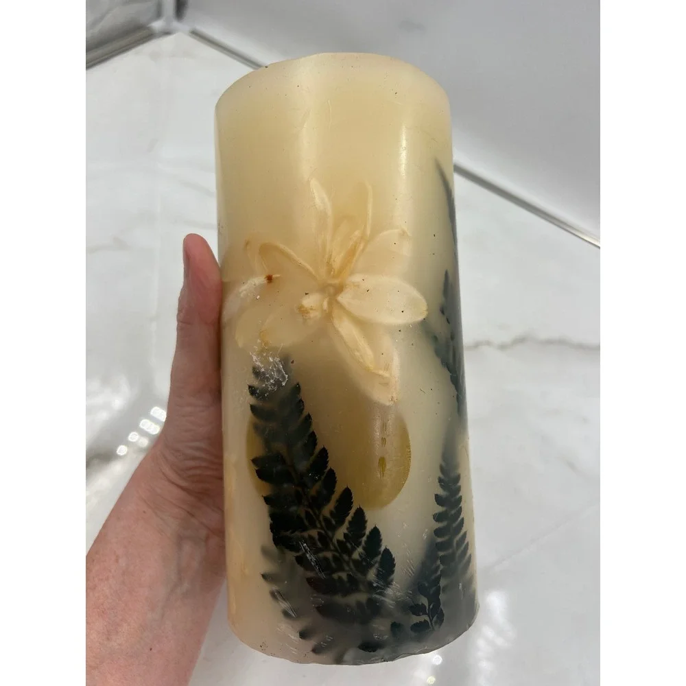 Pottery Barn Botanical Pillar Candle 4x8 Pressed Flower Fern Unscented Cream